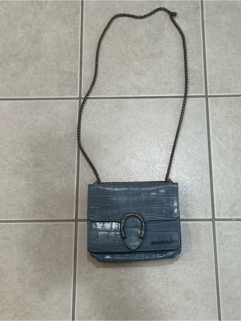 Croc-Embossed Slate Blue Chain Crossbody Bag